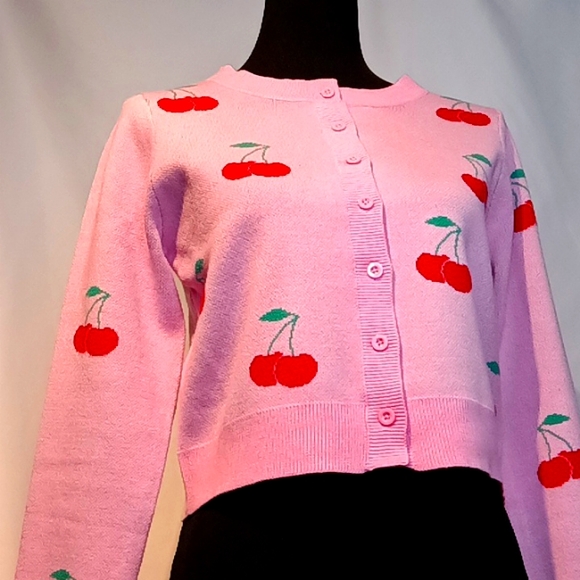 PINK Button Down Cardigan w/🍒🍒🍒 - Picture 5 of 14